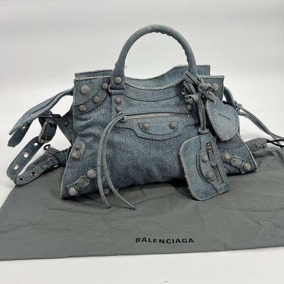 AUTHENTIC BALENCIAGA Neo Cagole City Handbag Denim Rhinestone Bag 2023 - Picture 1 of 12